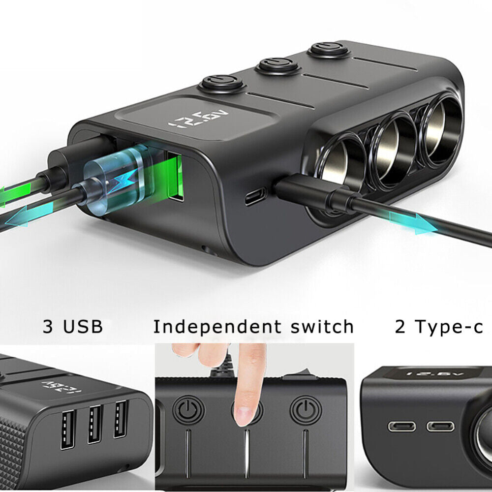 3 Way 12V 24V Multi Socket Car Cigarette Lighter Splitter USB Charger Adapter