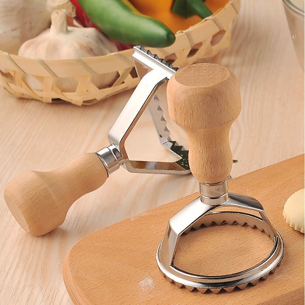 4pcs Ravioli Maker Cutter with Wooden Handle Pasta Pierogi Maker Mould Tray Stamp