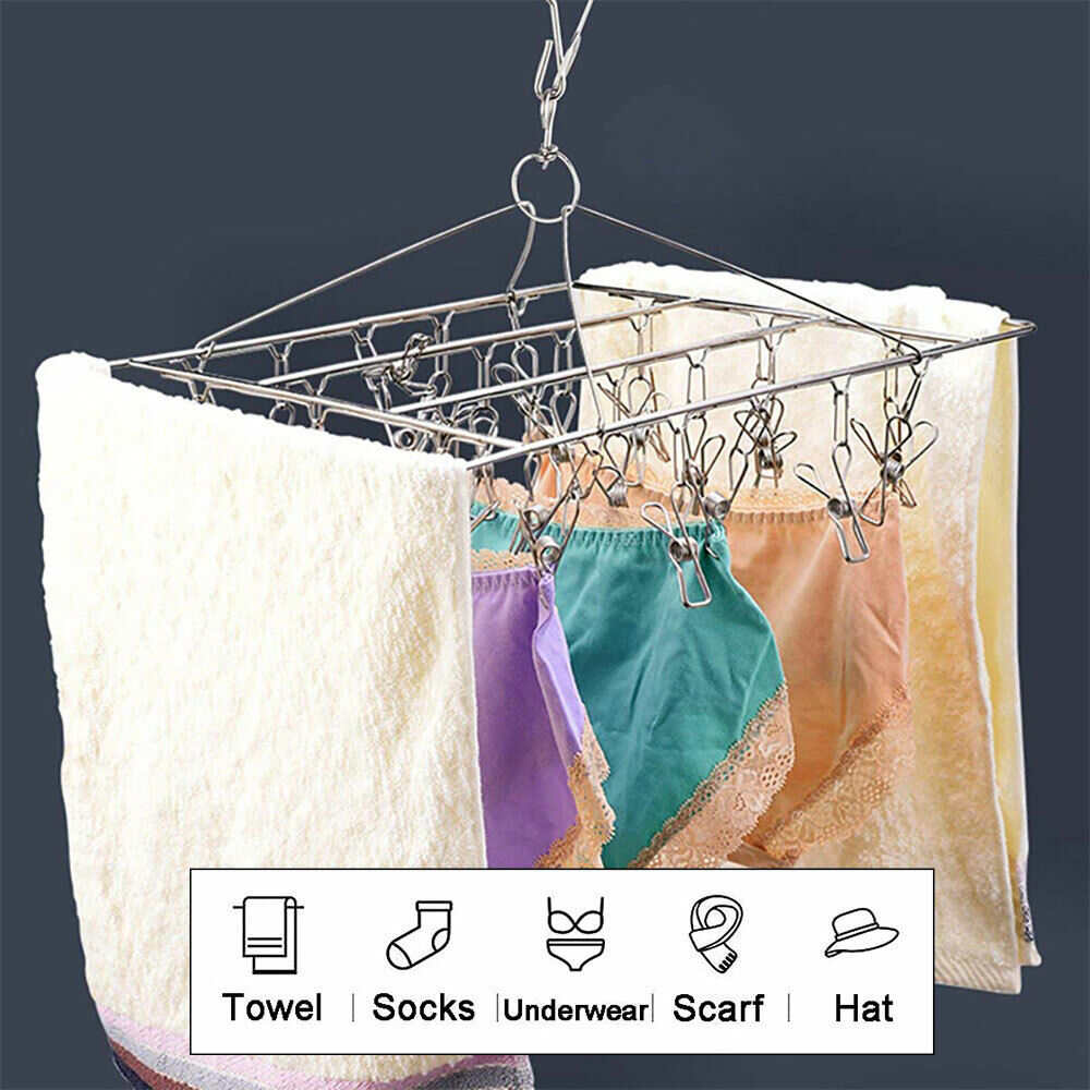 55 Pegs Stainless Steel Sock Hanger Windproof Foldable Space Saving Clothes Rack