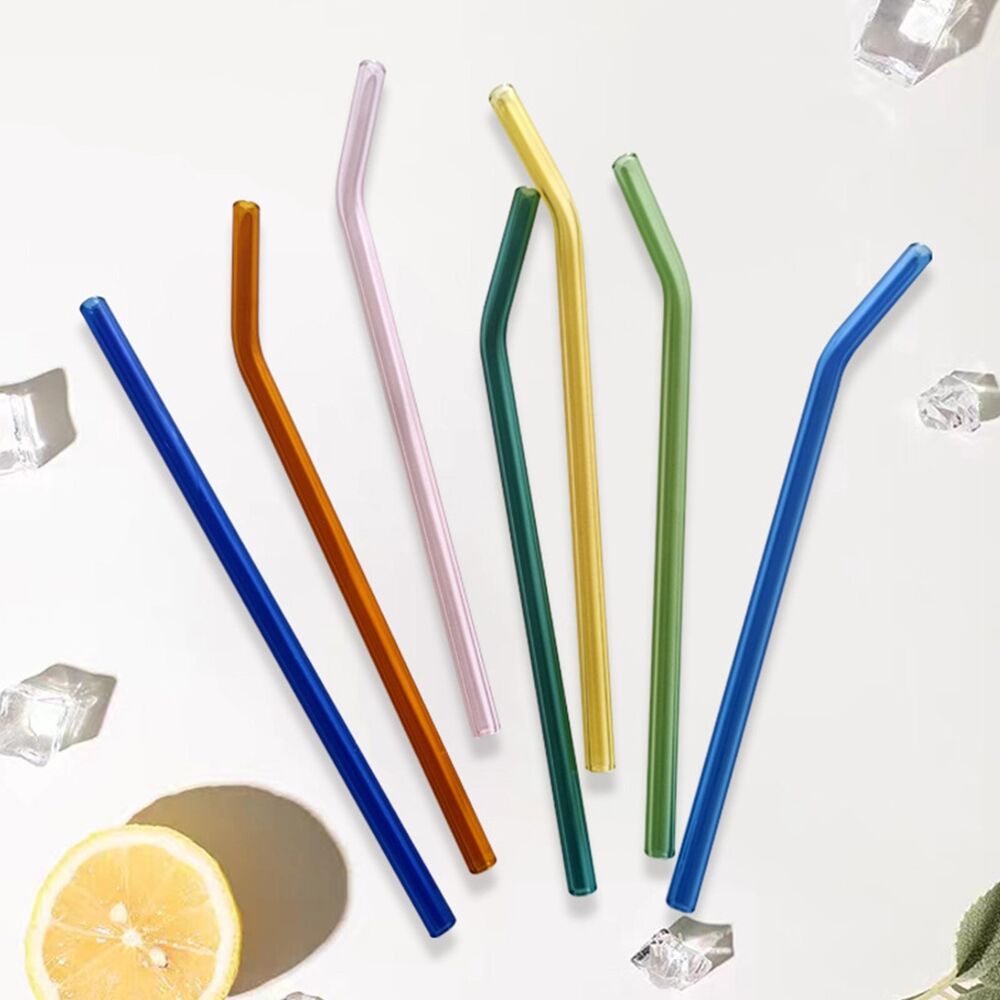 10Pcs Reusable Bent Glass Straw Pyrex Drinking Straws Juice Milk Party 2 Brush