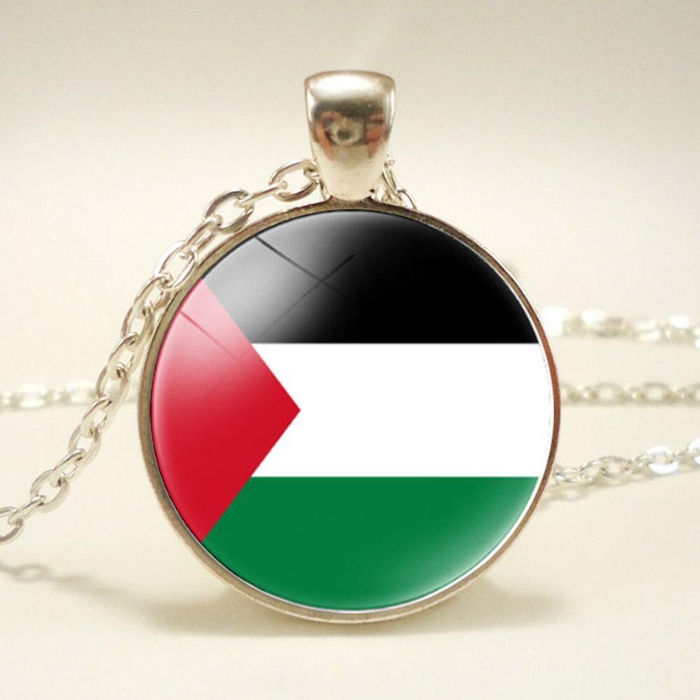 Silver Plated Palestine Flag Map Round Necklace Pendant