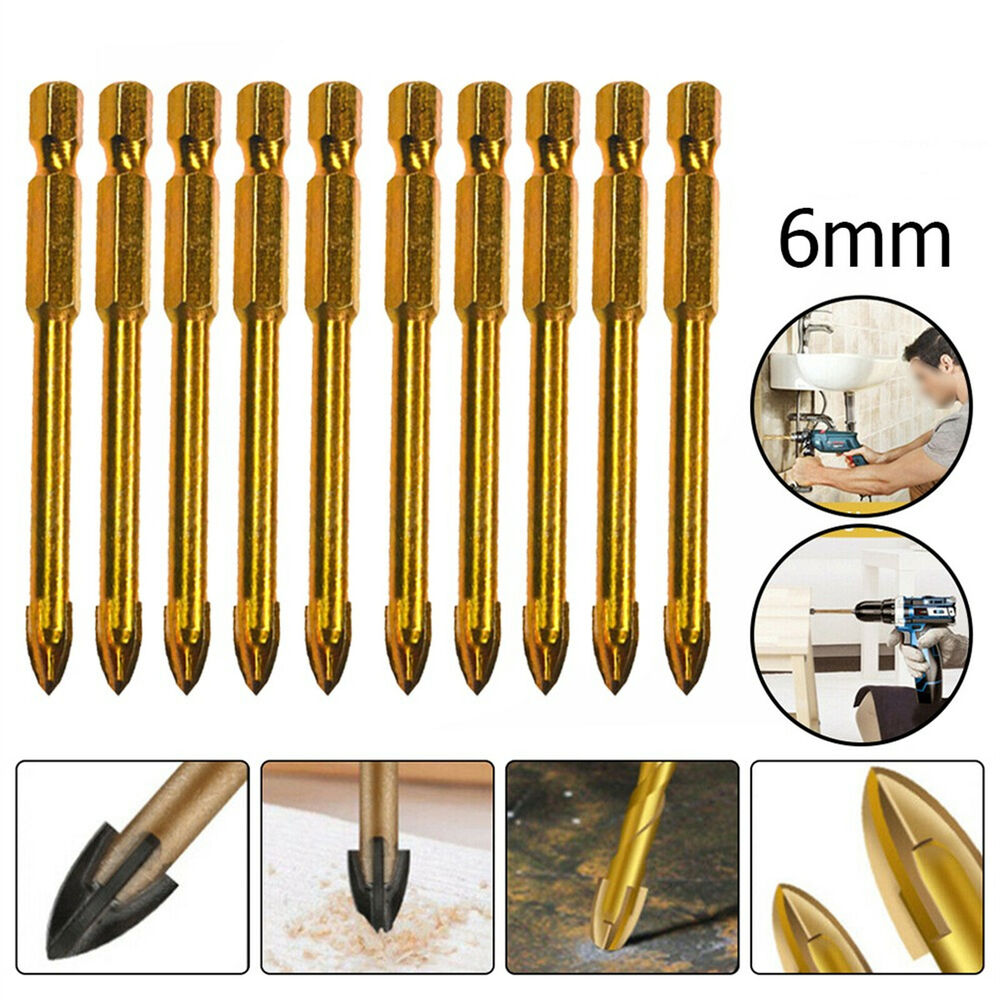 10X Titanium Ceramic Tile Glass Drill Bit Tungsten Carbide Cross Spear Head 6MM