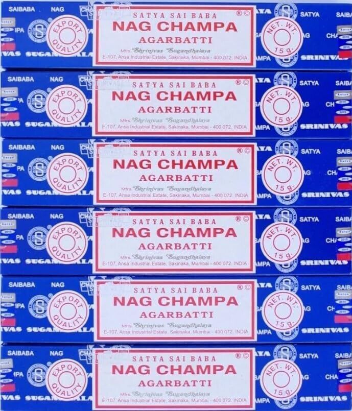 6 x 15g FRESH SATYA SAI BABA - NAG CHAMPA INCENSE STICKS BULK PACK