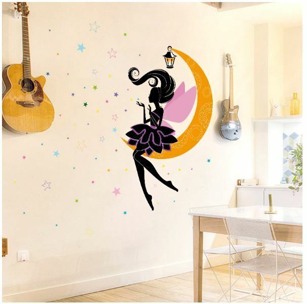 Wall Stickers Removable Moon Girl Fairy Butterfly Kids Mural Room Decal Romantic