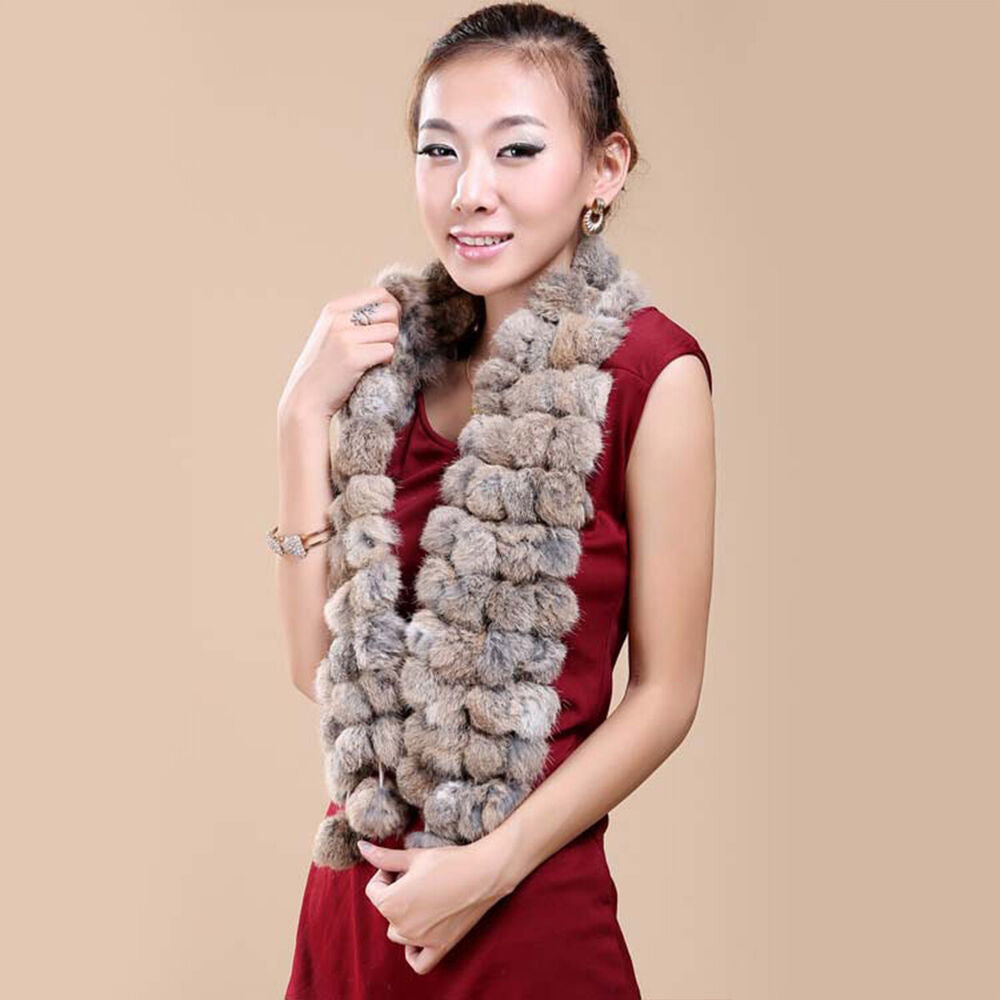 Women Ladies 100% Real Rabbit Fur Pom Poms Scarf Scarves Winter Warm Shawl Wraps