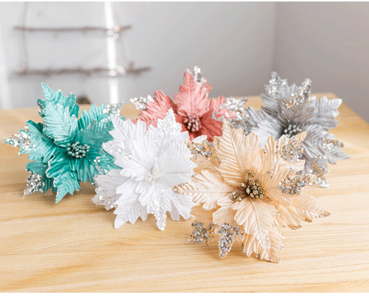 10PCS Christmas Poinsettia Glitter Flower Tree Hanging Party Xmas Decoration