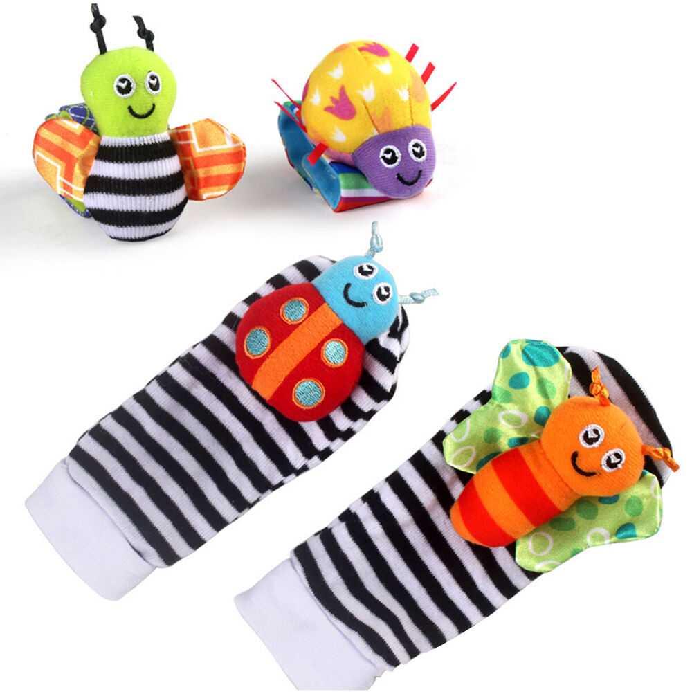 4pcs Rattles Bracelet Toy Set Newborn Foot-finder Socks Wrist Soft Animal