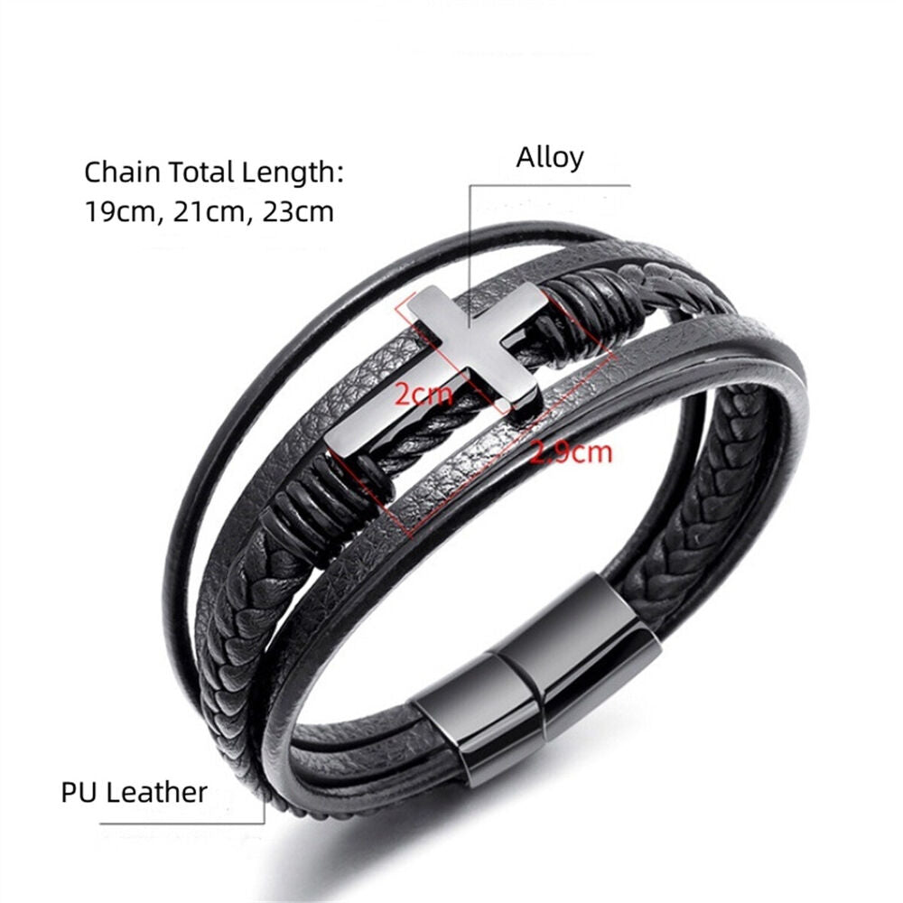 Men's Black Leather Titanium Steel Cross Multi Stripe Bracelet Bangle Wristband