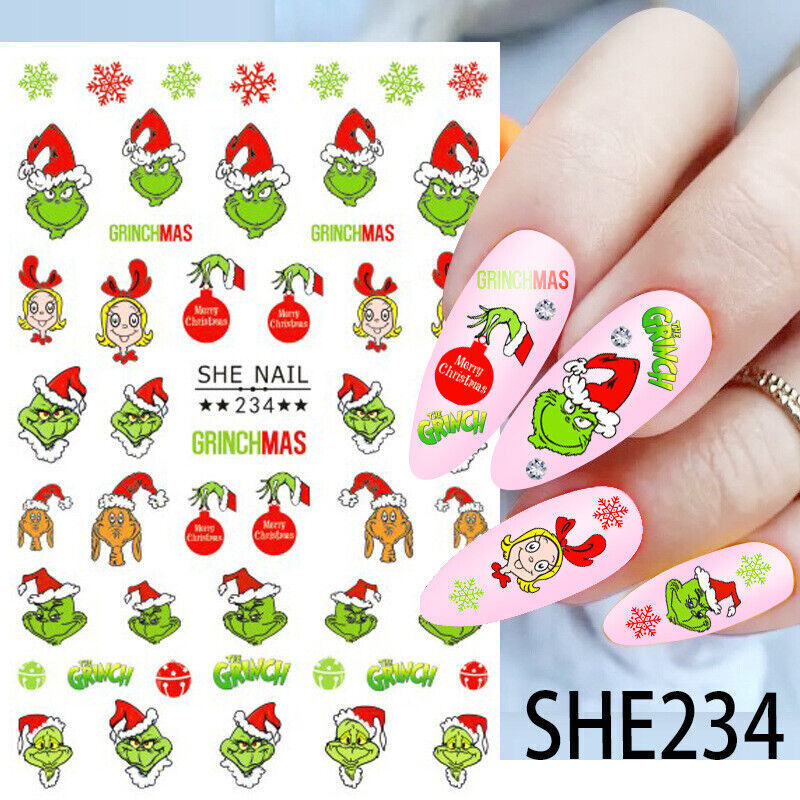 Grinch Christmas Nail Stickers ,Santa Reindeer Gingerbread Snowflake Nail Art