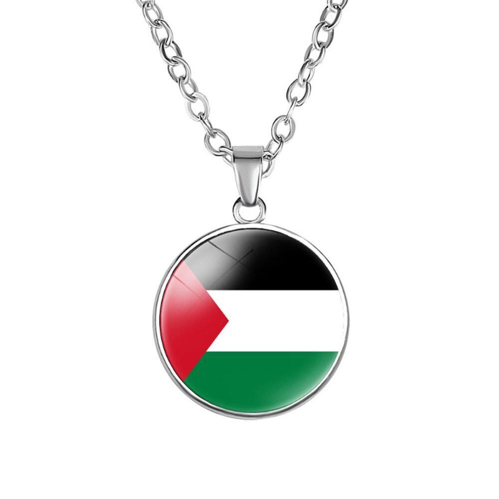 Silver Plated Palestine Flag Map Round Necklace Pendant