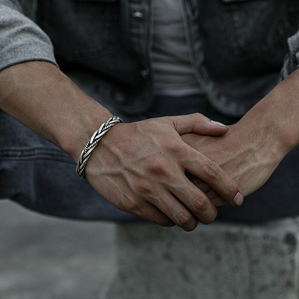 Mens Vintage Open Bangle Silver Thai Handmade Twisted Cuff Bracelet