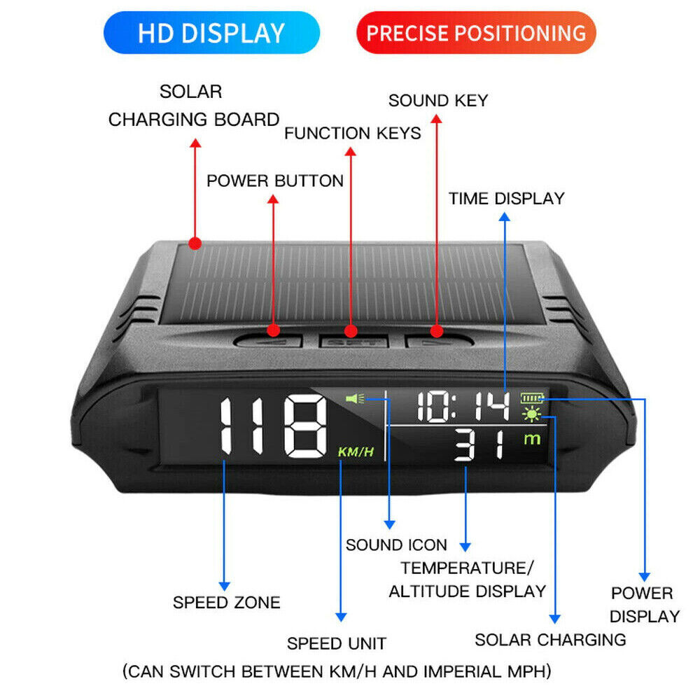 Wireless Car GPS Speedometer HUD Head-up Display Solar Panel Digital Universal