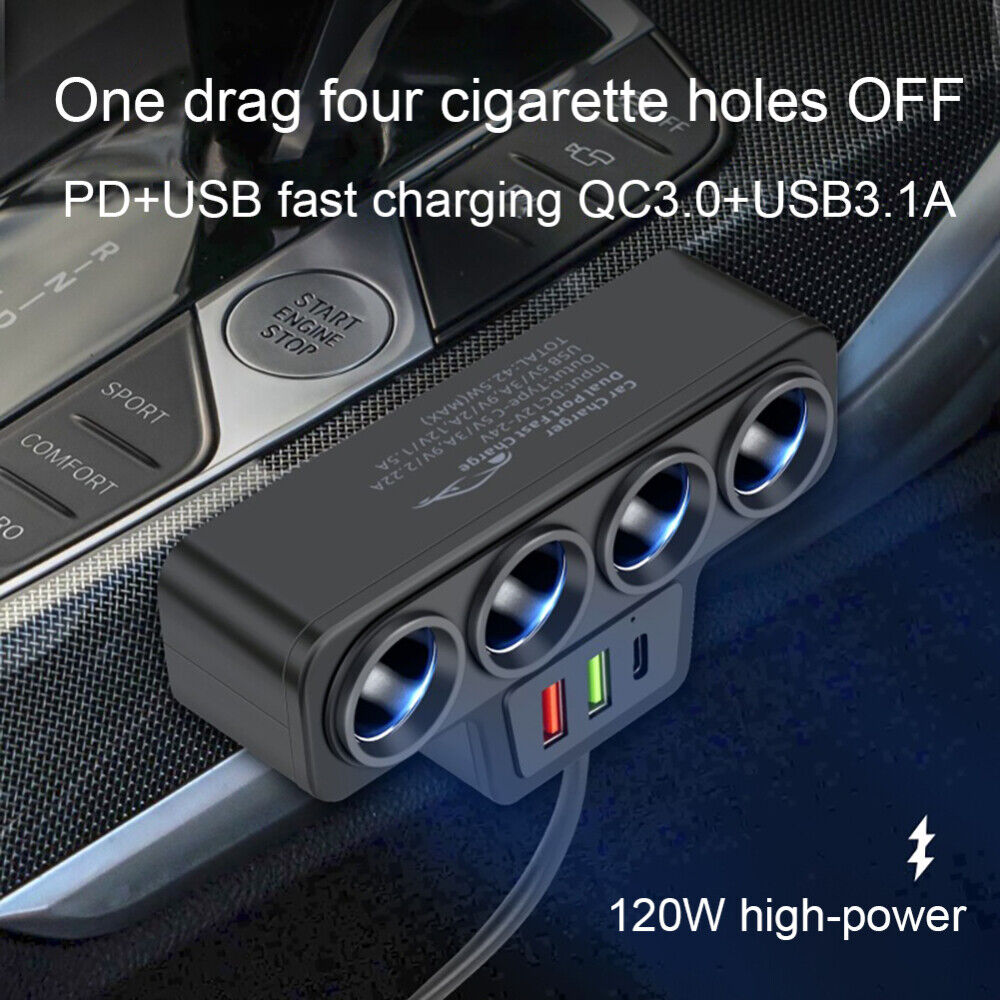 4Way 12-24V Car Cigarette Lighter Socket Splitter USB Port Charger Power Adapter