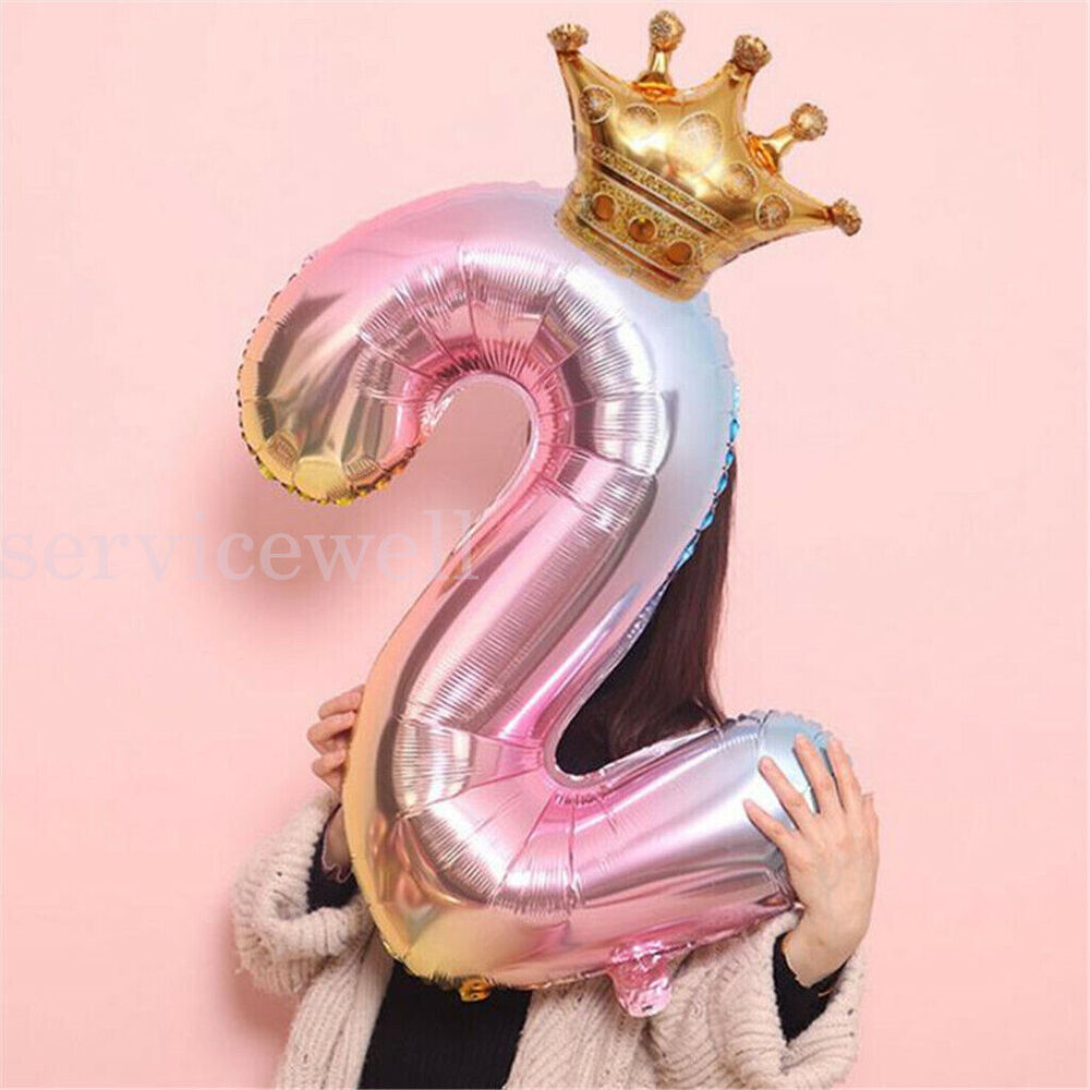 32" Rainbow Number Foil Balloon with Gold Crown Birthday Party Wedding New Year