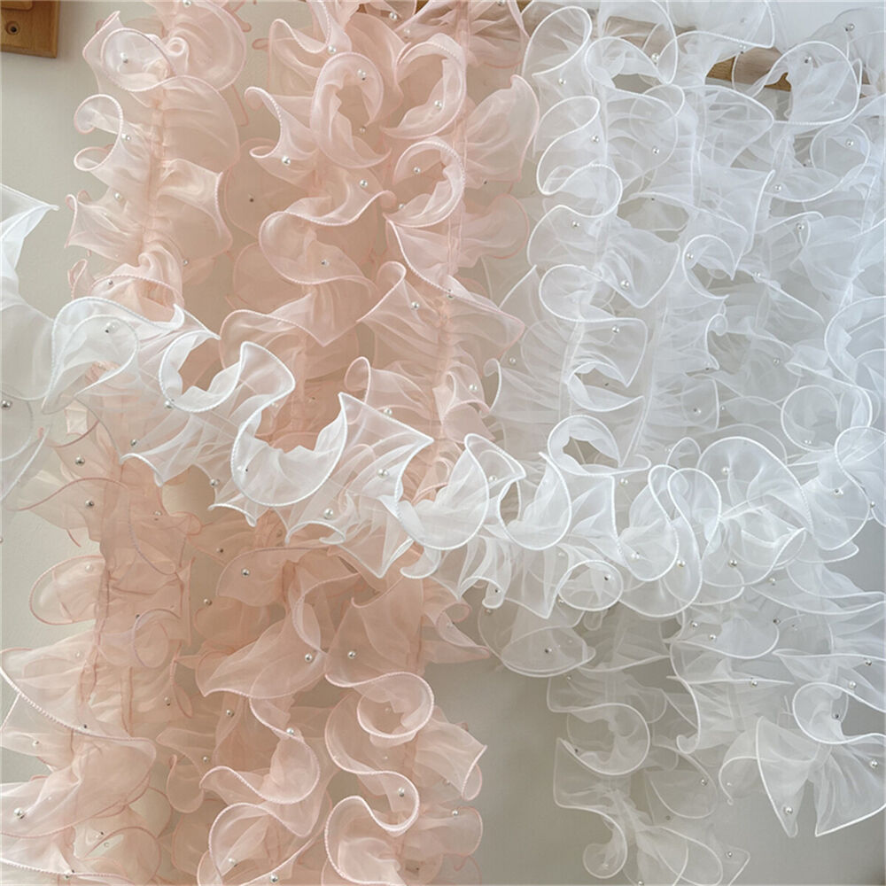 1 Yard Organza Pleats Ruffle Lace Trim Pearl Beaded Ribbon Fabric Sewing Wedding