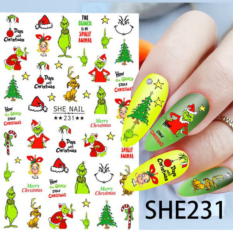 Grinch Christmas Nail Stickers ,Santa Reindeer Gingerbread Snowflake Nail Art