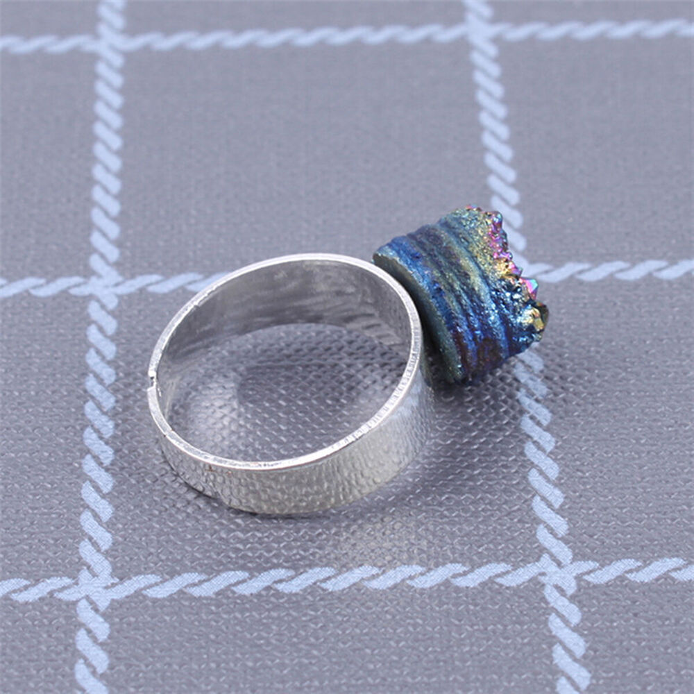 Rainbow Titanium Crystal Agate Druzy Quartz Geode Ring Adjustable Jewelry