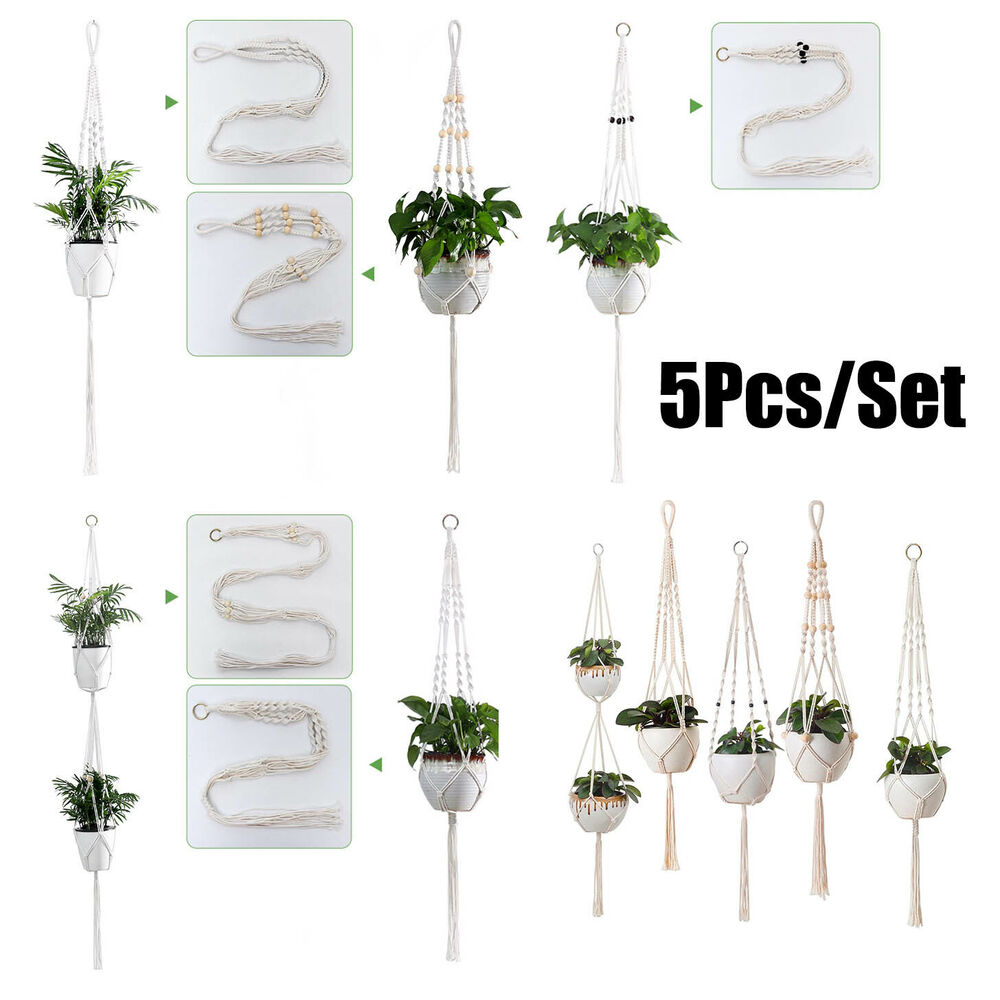 5x Pot Holder Macrame Plant Hanger Hanging Planter Basket Hemp Rope Braided New