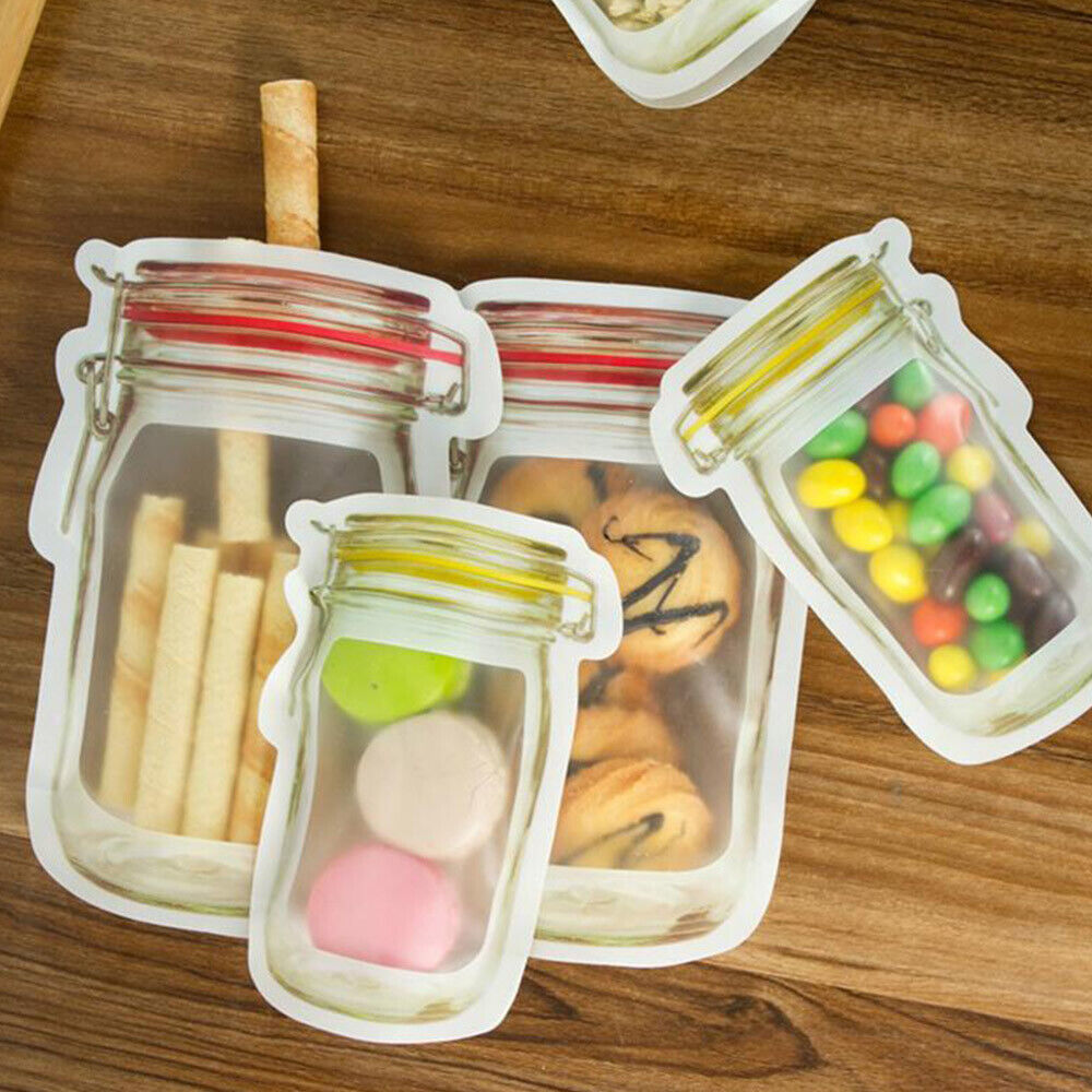 10pcs Mason Jar Reusable Zip Bag Food Storage Stand Up Zipper Pouch PE