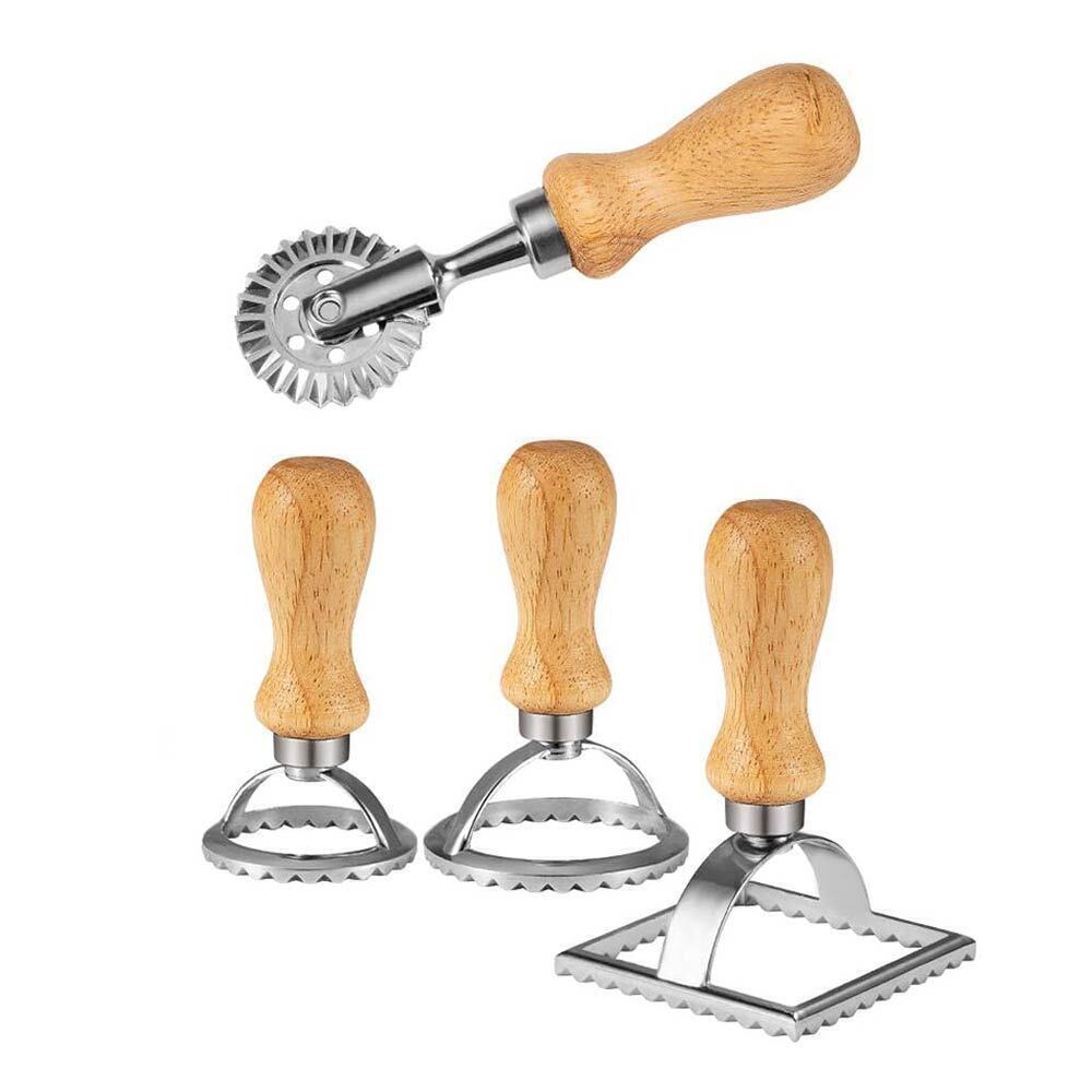 4pcs Ravioli Maker Cutter with Wooden Handle Pasta Pierogi Maker Mould Tray Stamp