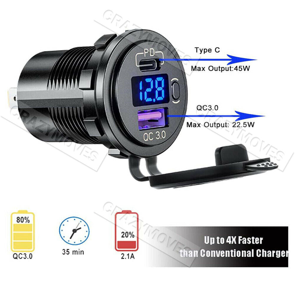 PD Type C USB Car Charger and QC 3.0 Charger 12V Power Outlet Socket ON/Off