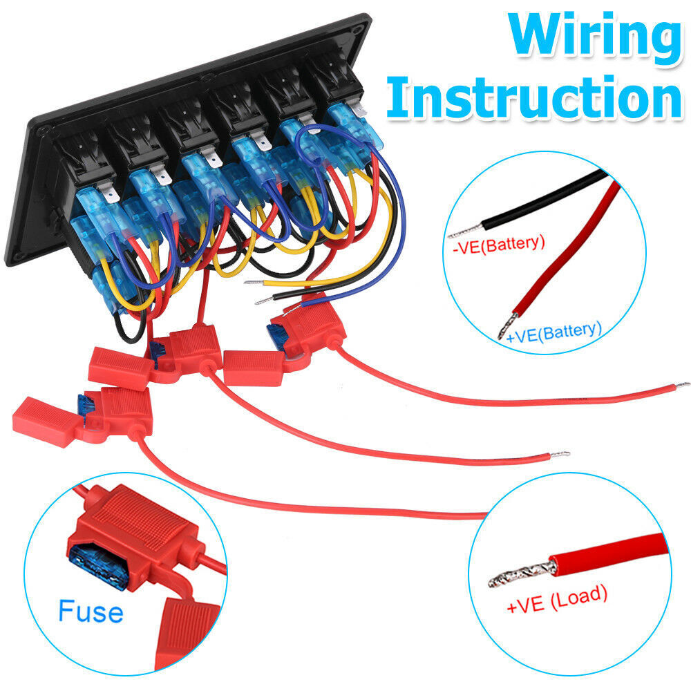 6 Gang 12V Switch Panel LED Light Rocker Circuit Breaker For Car RV Boat Marine