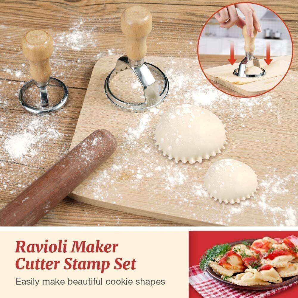 4pcs Ravioli Maker Cutter with Wooden Handle Pasta Pierogi Maker Mould Tray Stamp