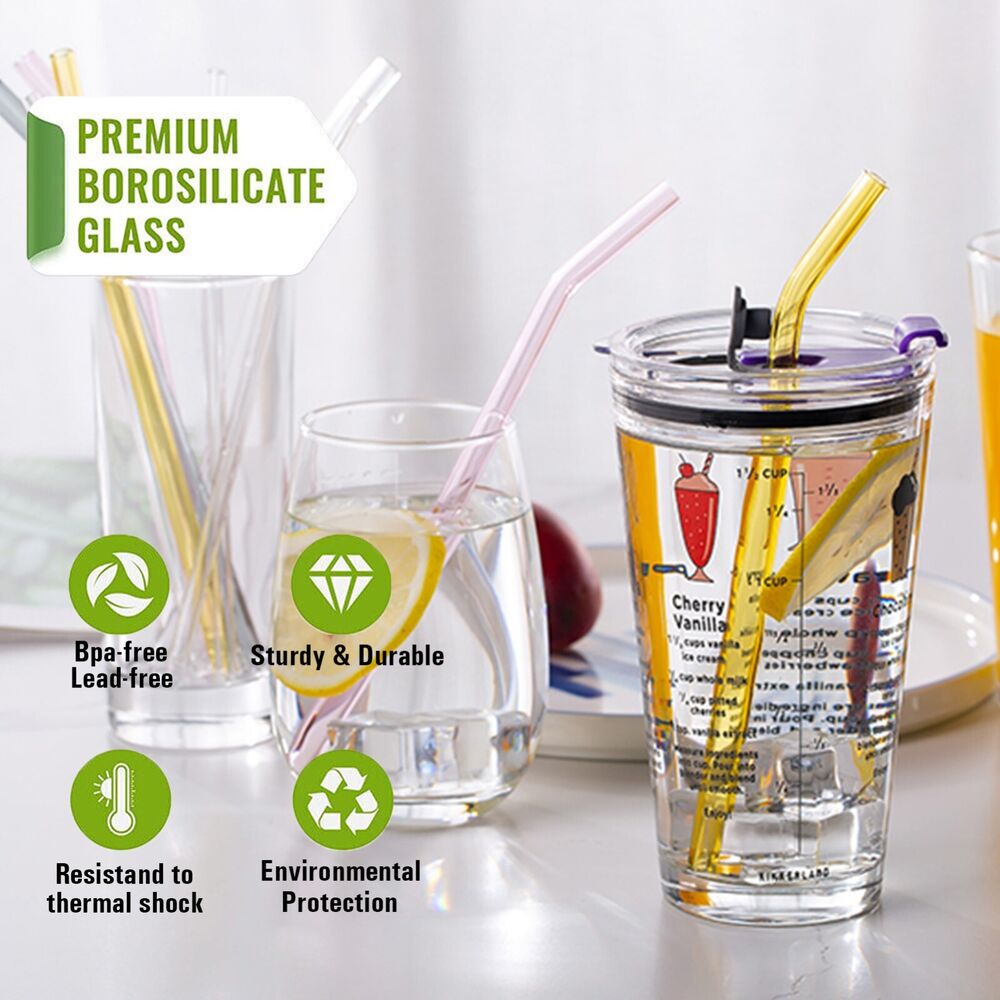 10Pcs Reusable Bent Glass Straw Pyrex Drinking Straws Juice Milk Party 2 Brush