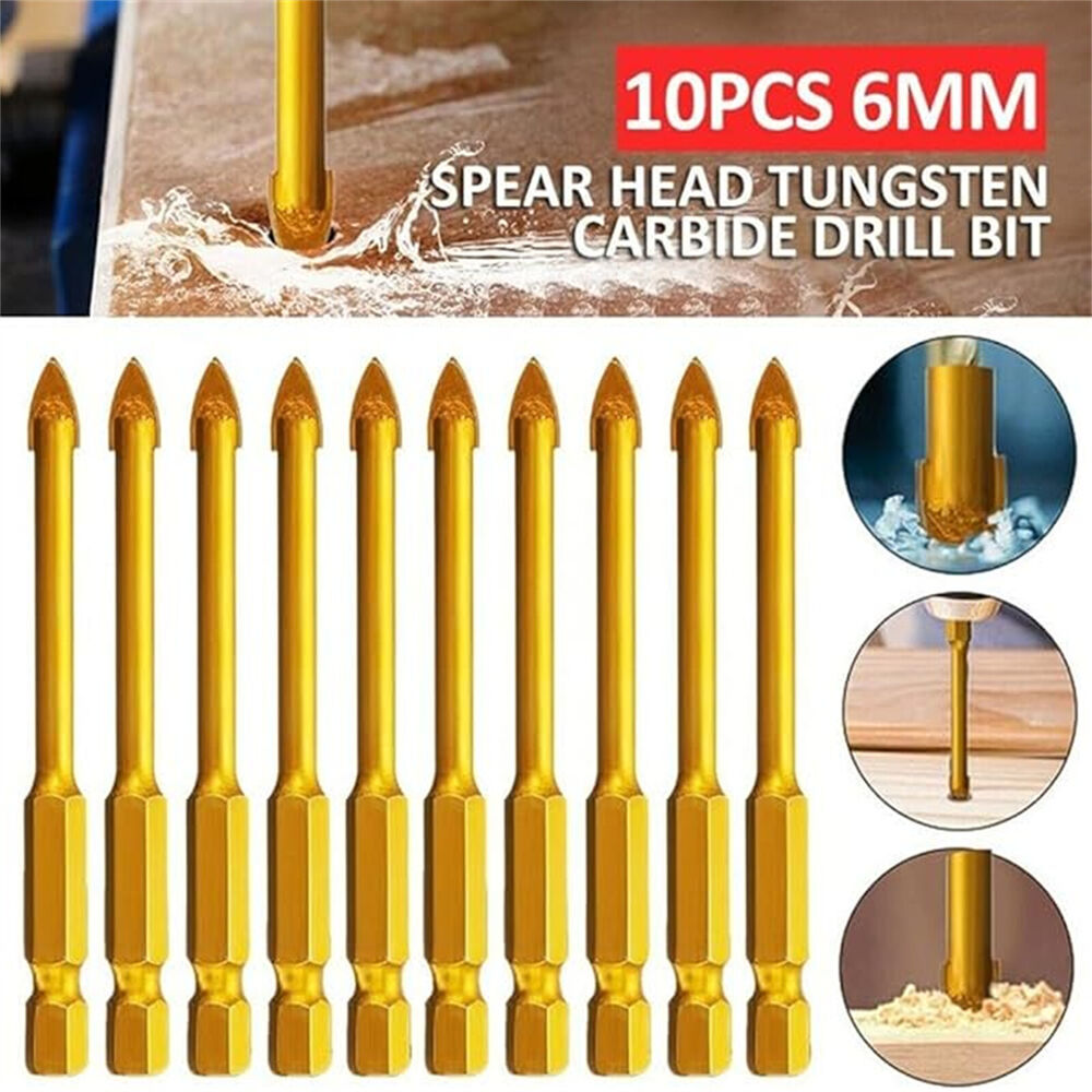 10X Titanium Ceramic Tile Glass Drill Bit Tungsten Carbide Cross Spear Head 6MM