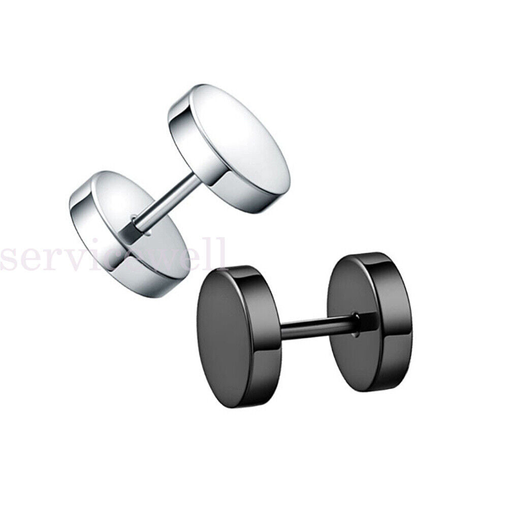 Men Earring Studs Black Flat Round Barbell Mens Earrings Plug Stainless Steel