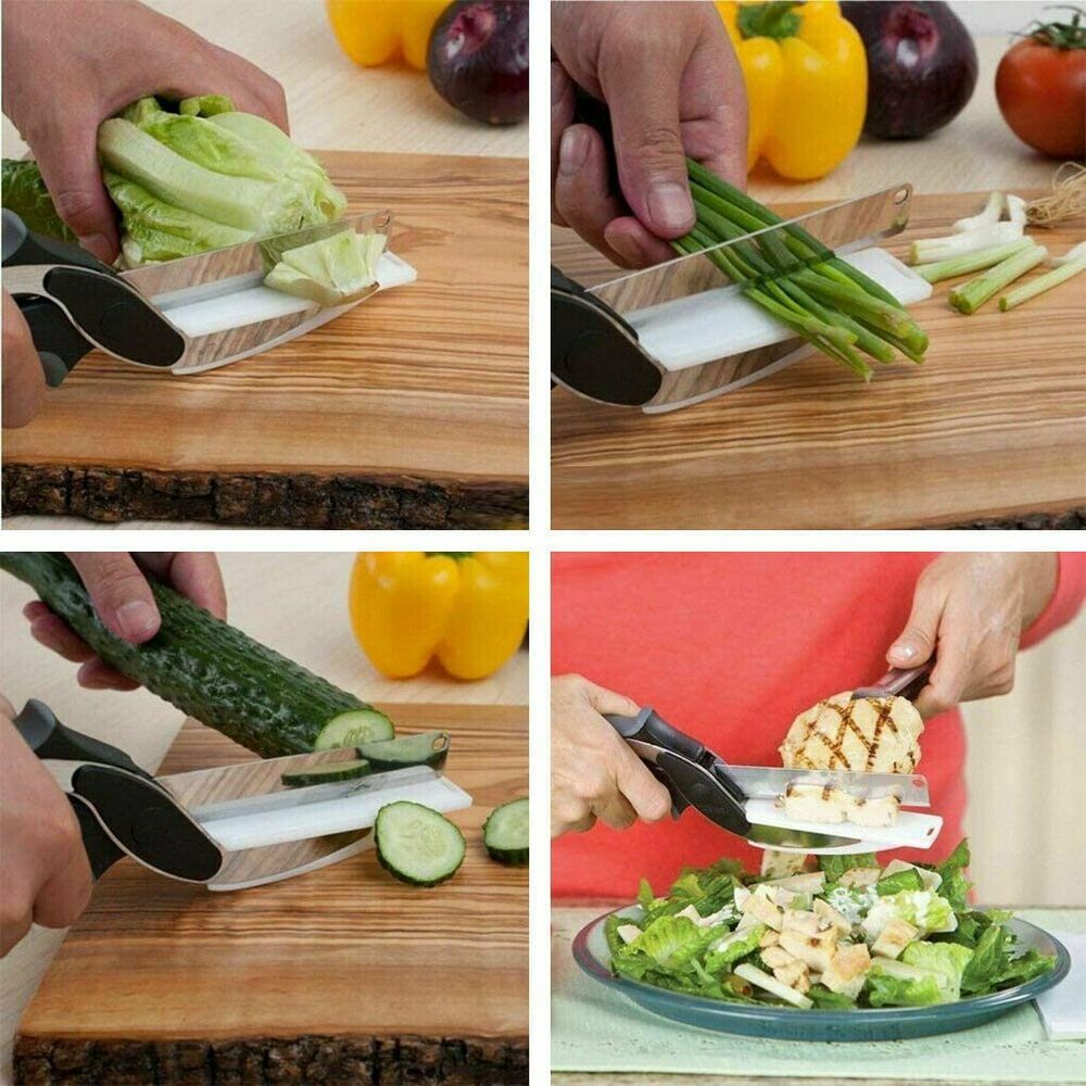 Kitchen Vegetable Food Manual 2-in-1 Knife Scissors Chopper Slicer Fruit Cutter