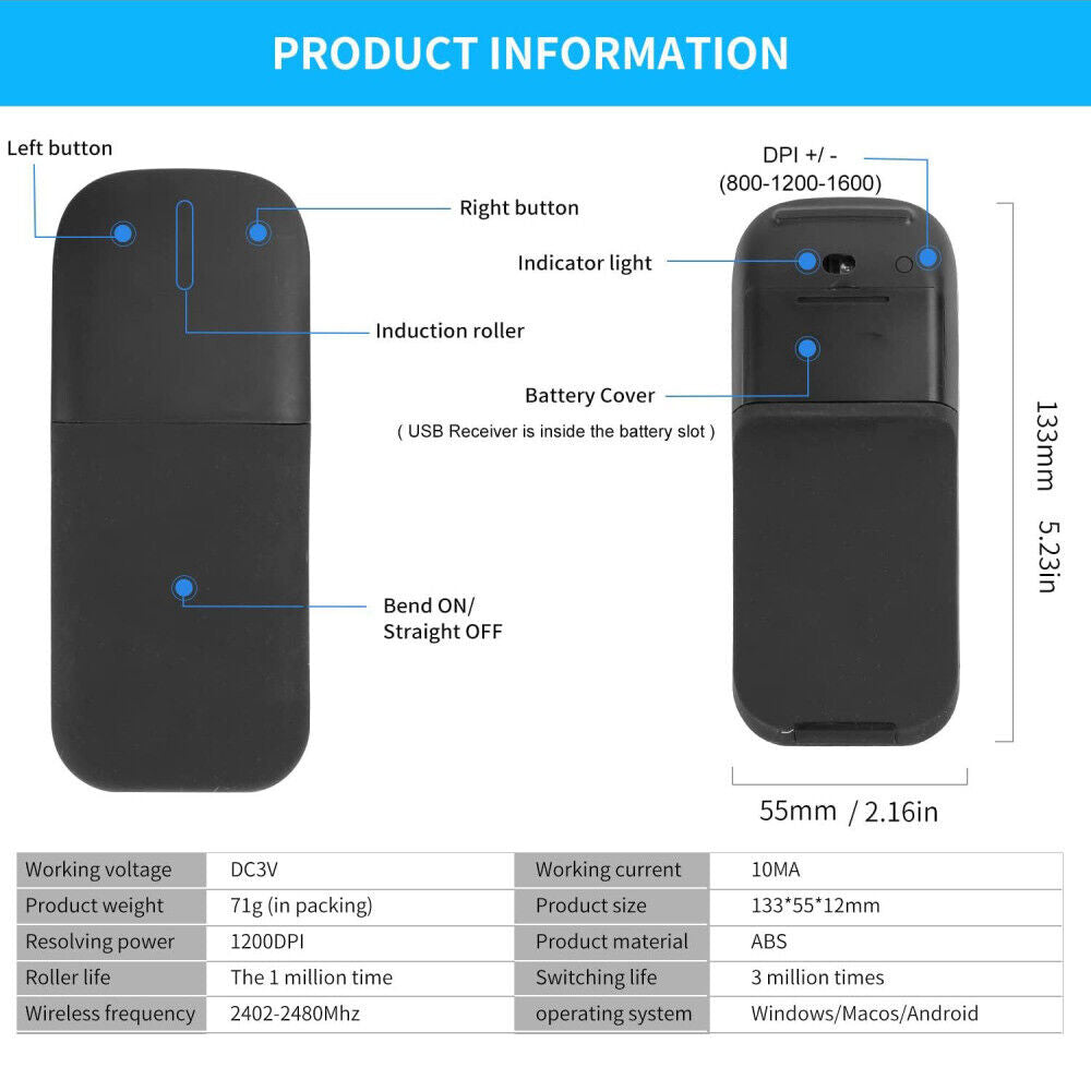 Foldable Wireless Mouse For Microsoft Surface Arc Touch 3D Computer Mouse 2.4Ghz