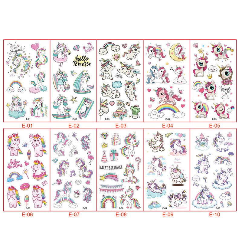 10PCs Kids Temporary Tattoos Stickers Boy Girl Cartoon Unicorn Dino Car Cute