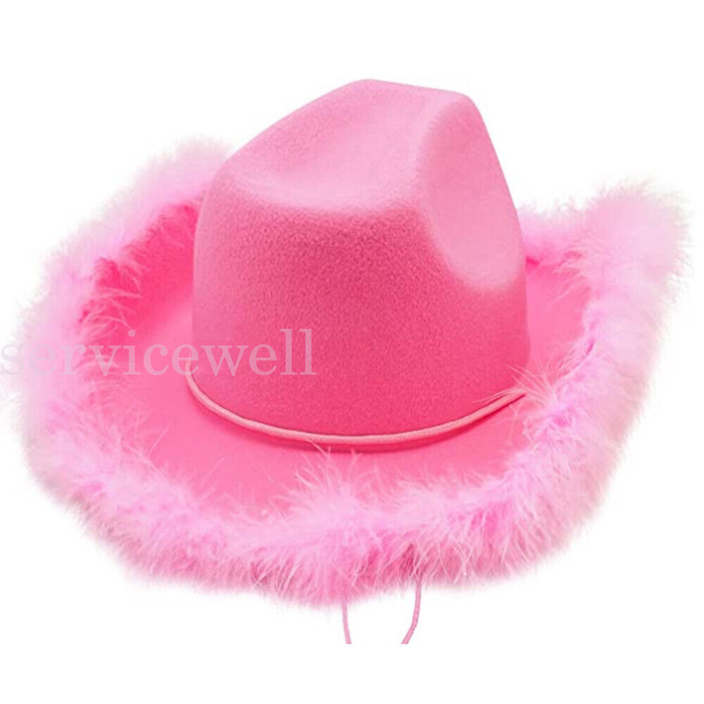 Vintage Fluffy Feather Brim Cowboy Hat Pink Cowgirl Hat for Festival Parade Deco