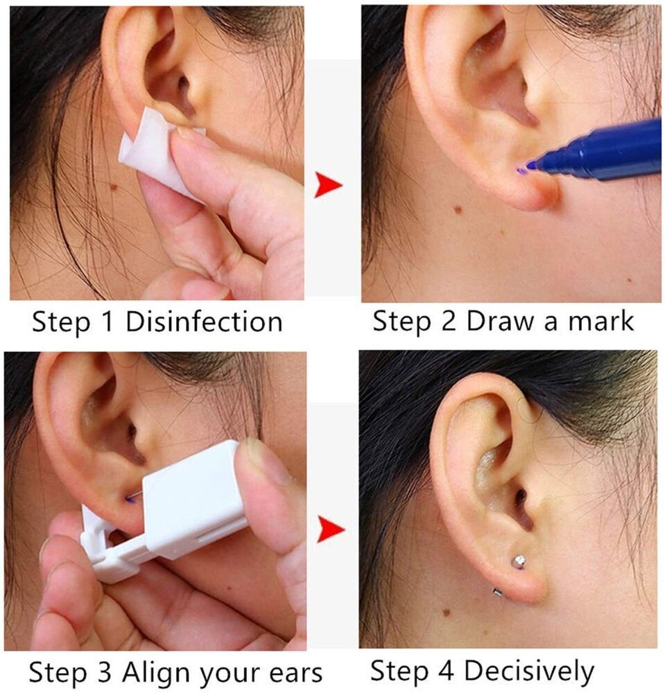 4× Ear Piercing Disposable Kit Silver Stud Earring Gun DIY Home Self Ear Sets