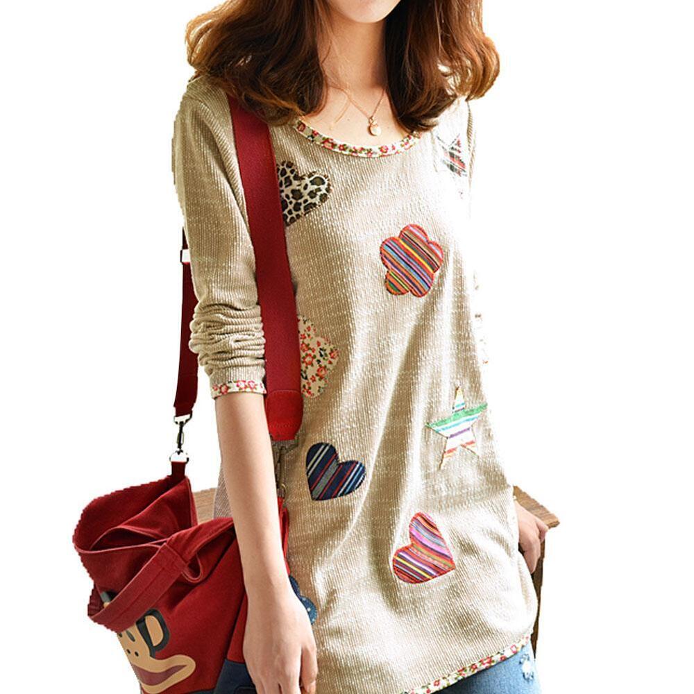 Women Fresh Hearts Flowers Print Blouse Round Neck Top Shirts