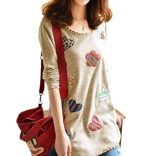 Women Fresh Hearts Flowers Print Blouse Round Neck Top Shirts