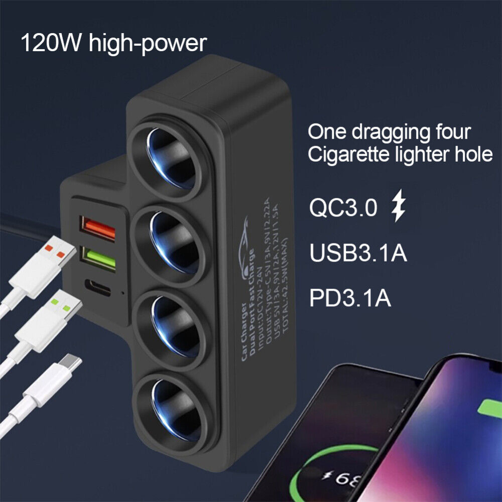 4Way 12-24V Car Cigarette Lighter Socket Splitter USB Port Charger Power Adapter