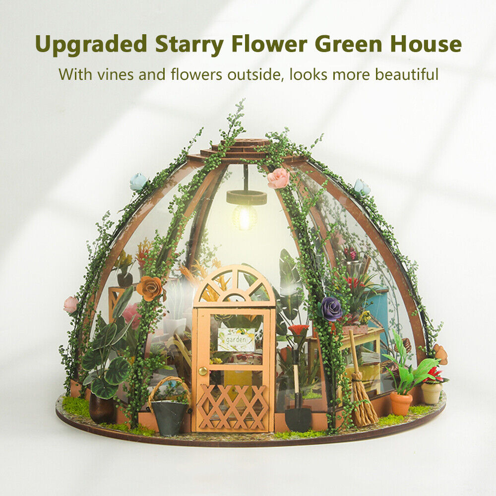 Wooden Mini Starry Flower Green House DIY Miniature Dollhouse Kit with LED Light