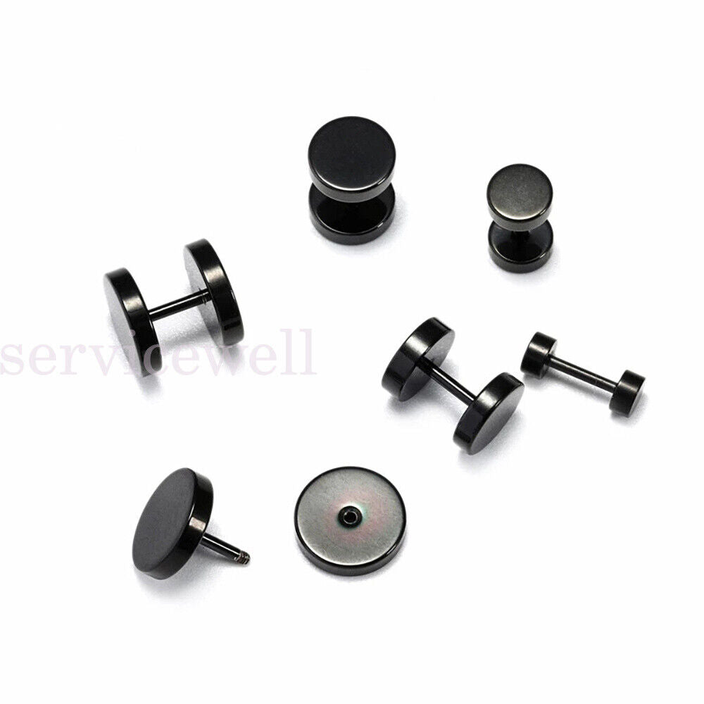 Men Earring Studs Black Flat Round Barbell Mens Earrings Plug Stainless Steel