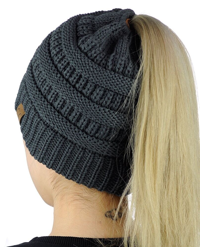 Women Girls Ponytail Beanie Winter Soft Stretch Cable Knit Crochet High Bun Hat