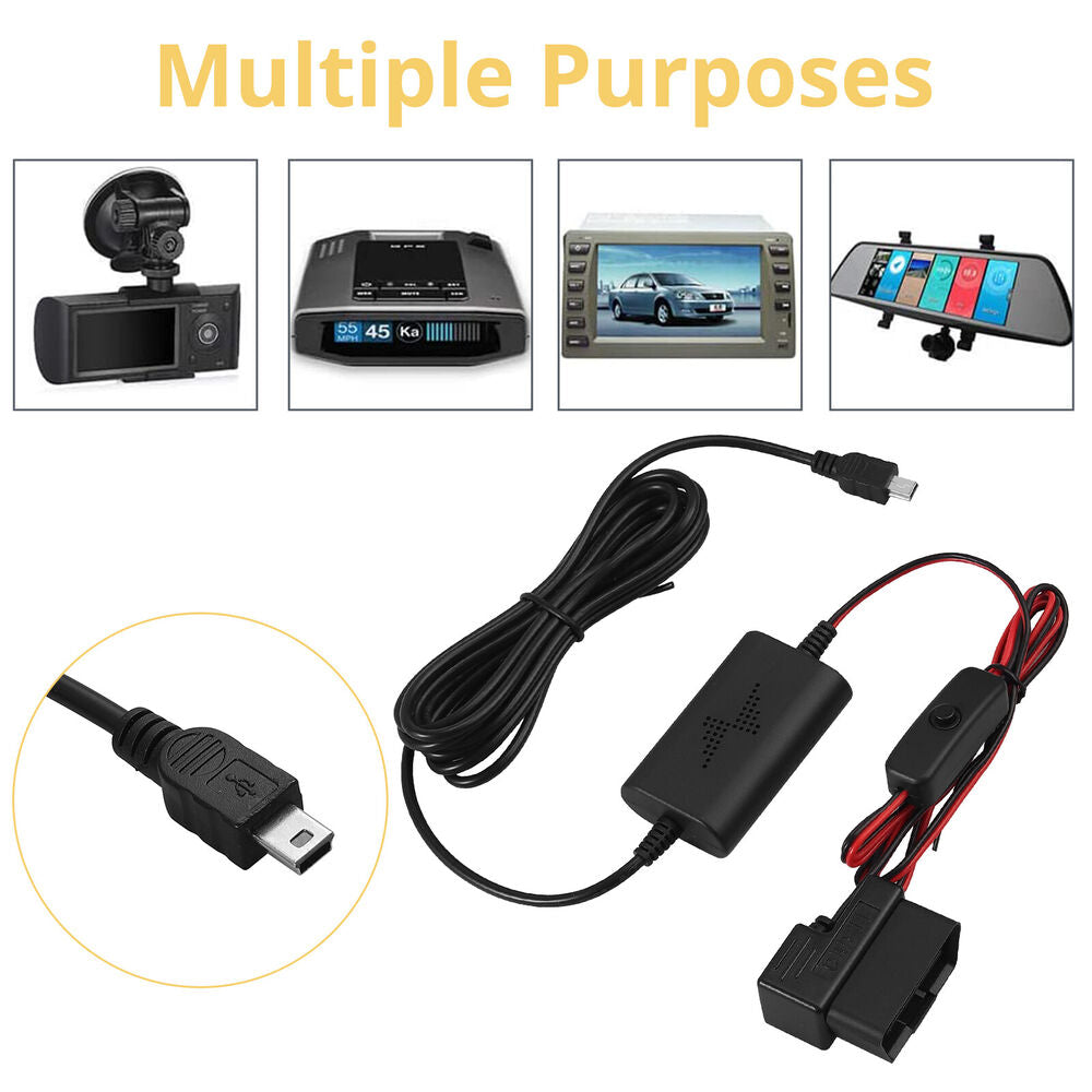 Universal Car Recorder OBD Dash Cam Hard Wire Kit Hardwire Fuse Box 12/24V to 5V