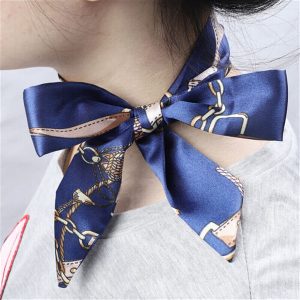 2PCS Women Silk Twilly Ribbon Narrow Scarf Wrap Tied Bag Handle Hair Tie Bandana