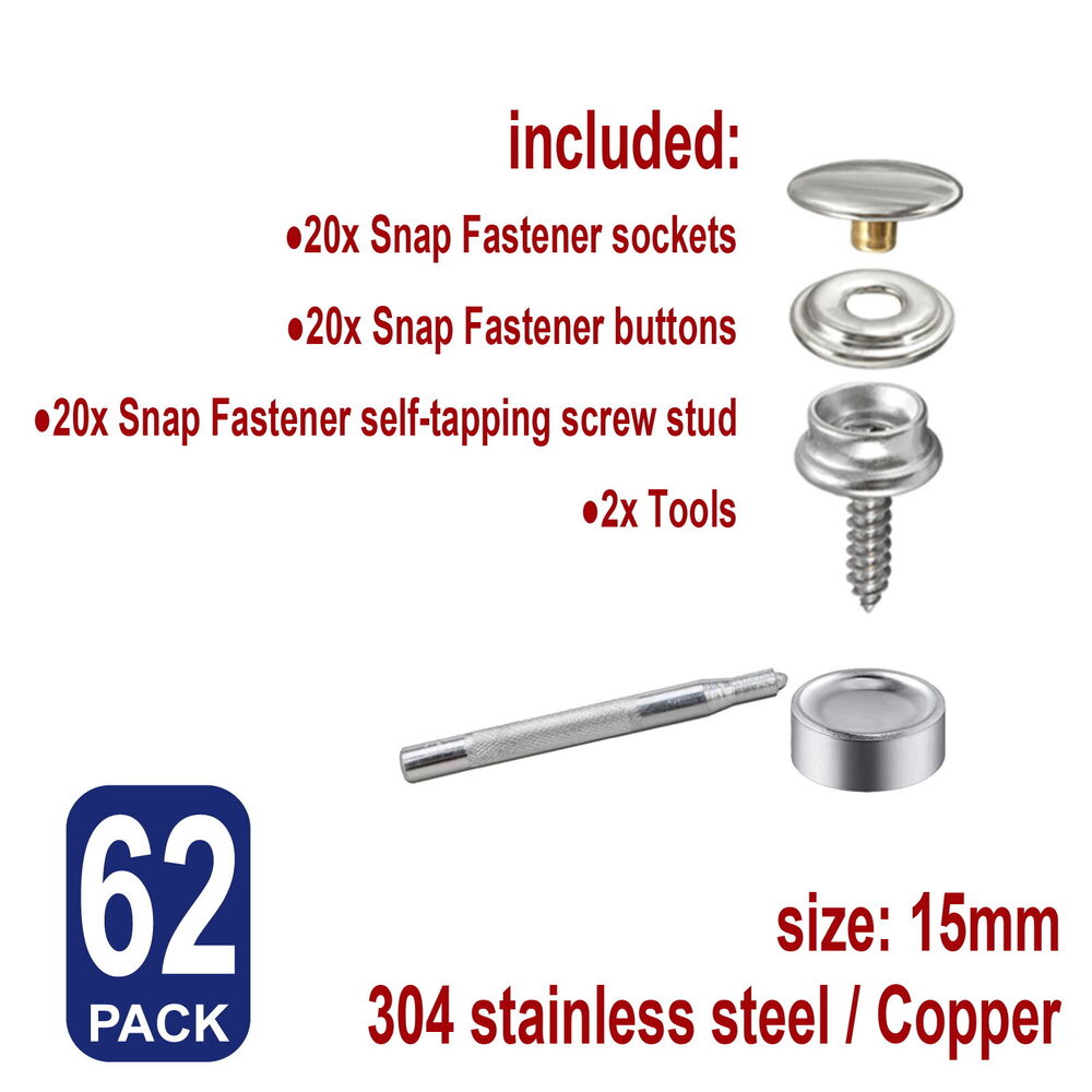 Snap Fastener Stainless Steel Cap 15mm Canvas Screw Press Stud Kit Boat Cover