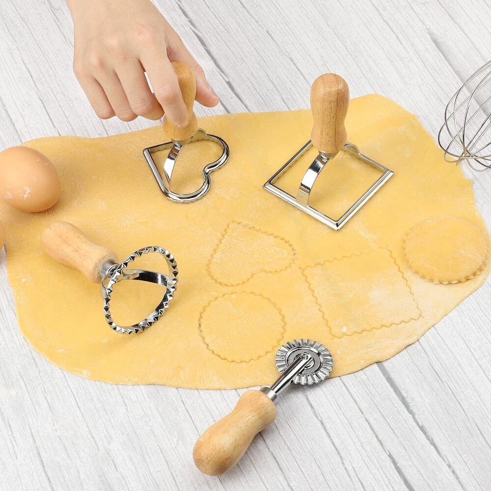 4pcs Ravioli Maker Cutter with Wooden Handle Pasta Pierogi Maker Mould Tray Stamp