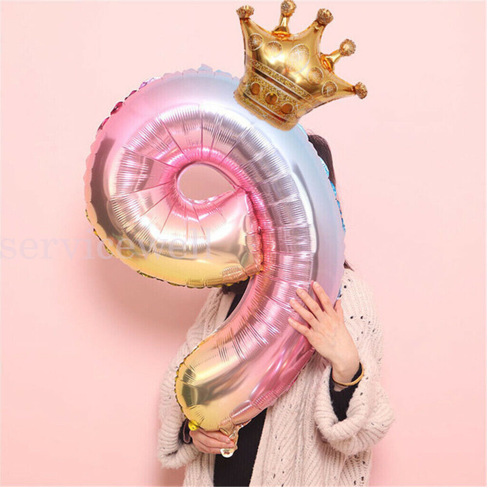 32" Rainbow Number Foil Balloon with Gold Crown Birthday Party Wedding New Year