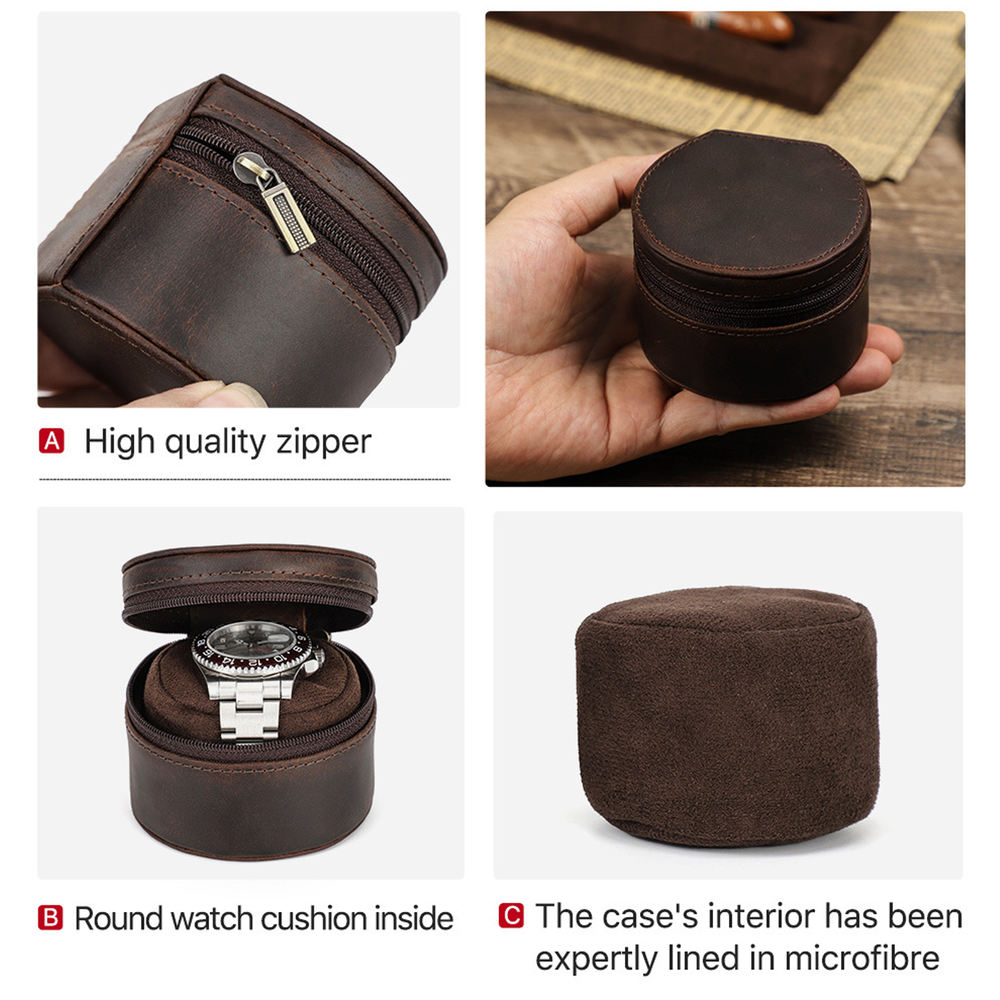 Watch Case Vintage Leather Single Round Zipper Travel Storage Box Coffee