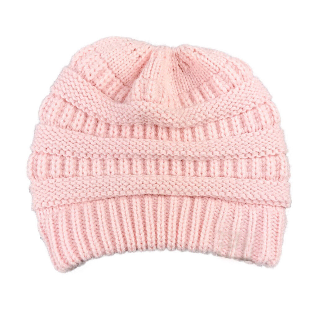 Women Girls Ponytail Beanie Winter Soft Stretch Cable Knit Crochet High Bun Hat