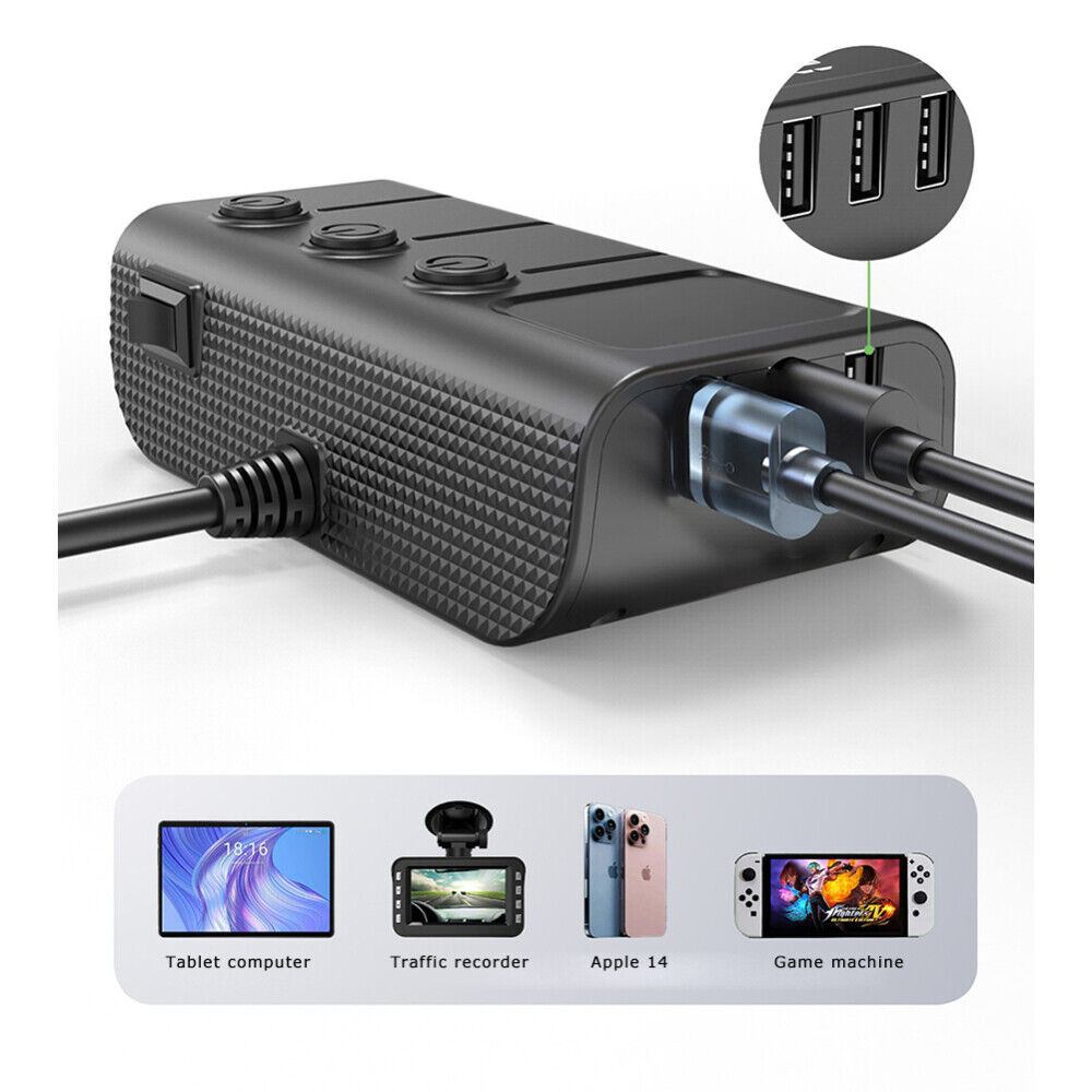 3 Way 12V 24V Multi Socket Car Cigarette Lighter Splitter USB Charger Adapter