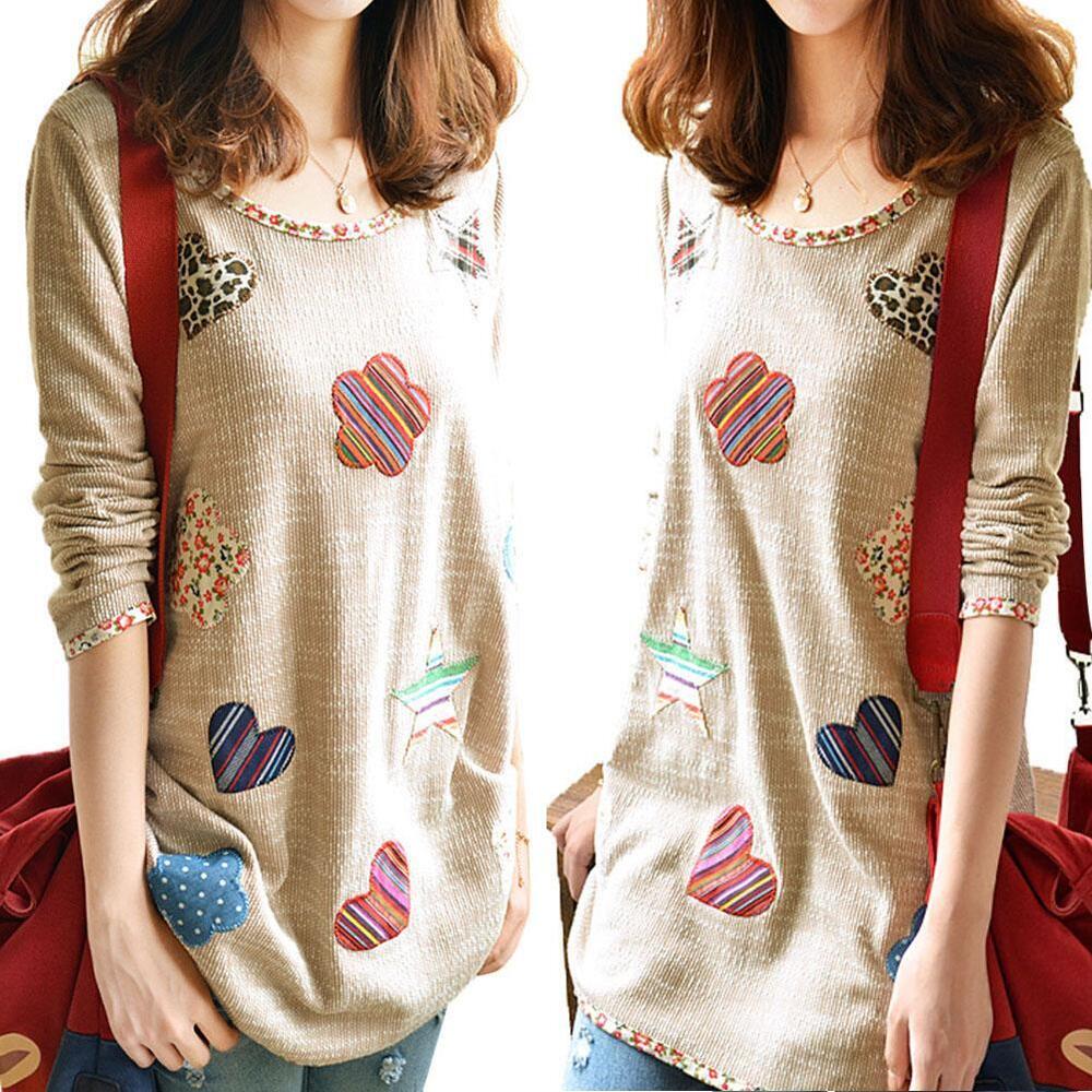 Women Fresh Hearts Flowers Print Blouse Round Neck Top Shirts